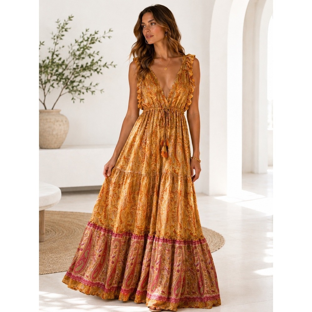 Paisley Silk Blend Maxi Dress Womens OS Mustard Yellow Pink Boho Tassel Tiered